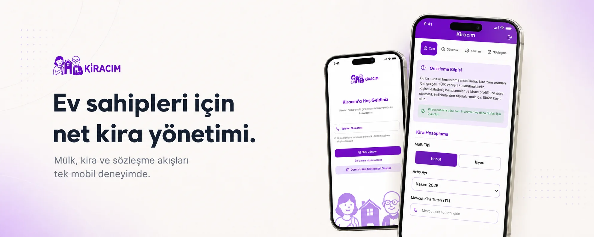 Kiracım uygulamasının giriş ve kira artışı ekranları